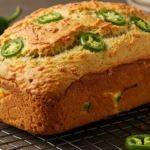 Freshly baked vegan jalapeno cheese artisan bread cooling on a wire rack, with jalapenos and vegan cheese adding vibrant details