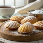 Golden brown madeleines dusted with powdered sugar, displayed on a wooden platter alongside a cup of tea and powdered sugar sifter.