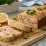 Close-up of a sliced tuna and salmon loaf on a wooden cutting board, garnished with parsley and lemon wedges for a delicious presentation.