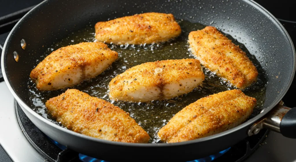 Fish fillets frying in a pan with a crispy golden coating made using hillbilly fish fry seasonings.