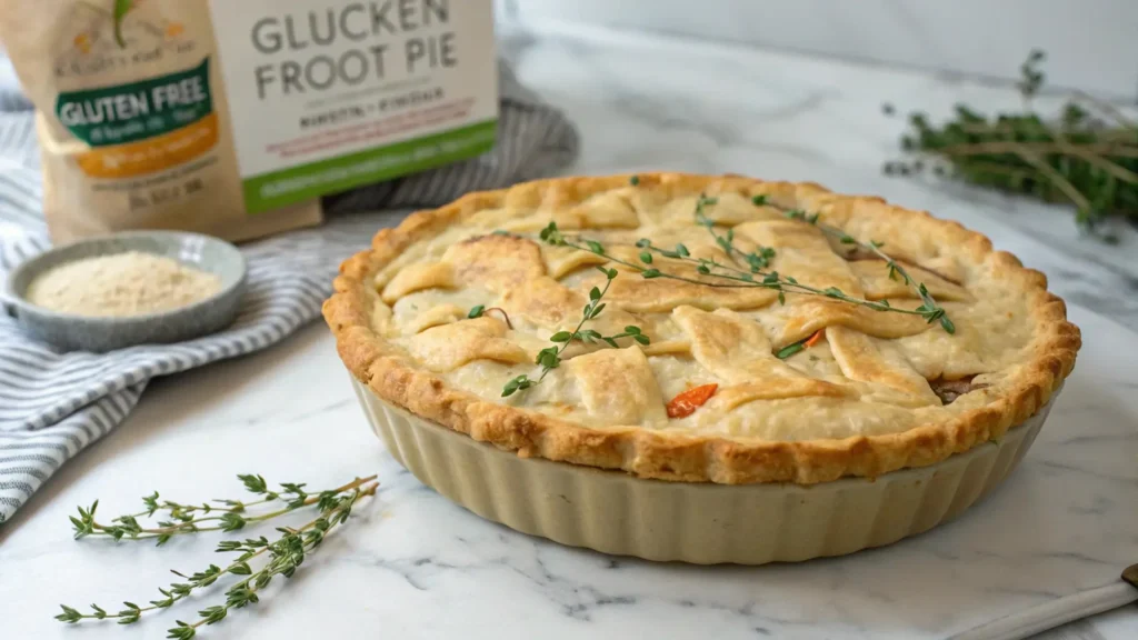 Gluten-free chicken pot pie with a textured crust and fresh thyme garnish, set on a marble countertop with gluten-free flour in the background.