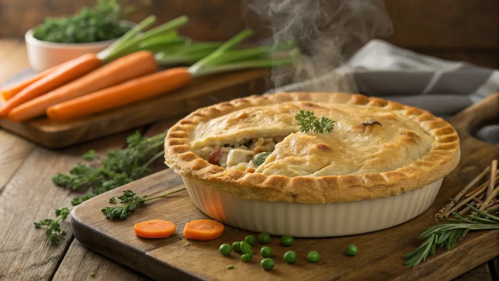 Golden chicken pot pie with a flaky, perfectly baked crust, steam rising from the filling, surrounded by fresh vegetables like carrots and peas.