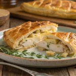 A freshly baked chicken and cheese jalousie with a golden, flaky crust and cheesy filling, garnished with fresh herbs, perfect for any meal.