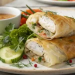 Deliciously crispy fish wrapped in filo pastry, garnished with fresh herbs, and served with a side of vegetables, perfect for a main course.