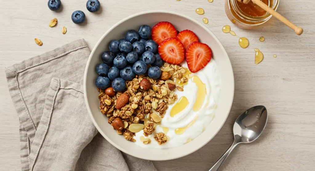 A bowl of vanilla nut granola served with yogurt, fresh berries, and a drizzle of honey