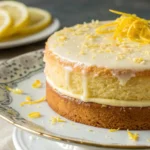 A close-up of a moist Great Gatsby lemon cake with lemon glaze and zest garnish, beautifully plated for an elegant presentation.