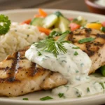 A delicious plate of grilled chicken with creamy cottage cheese sauce, garnished with fresh parsley, served with vegetables and rice for a healthy, flavorful meal.