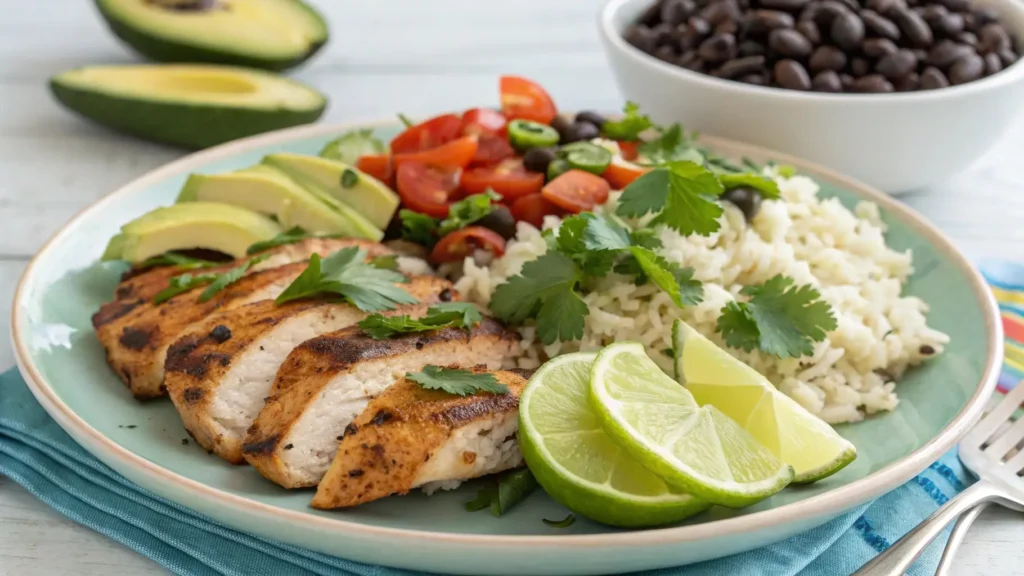 A delicious plate of grilled chicken with cilantro-lime rice, black beans, and fresh salad, perfect for pairing with a San Antonio Grilled Red Pepper Marinade.