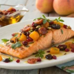 Healthy grilled salmon topped with a mix of dried apricots, cranberries, figs, raisins, and fresh herbs, offering a nutritious and vibrant meal.