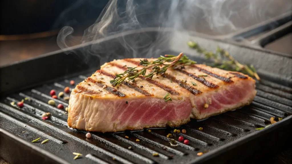 Fresh tuna steak grilling to perfection with sear marks, ideal for a smoky and flavorful meal.