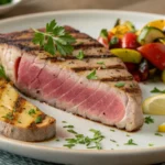 Grilled tuna steak served with lemon wedges, fresh herbs, and roasted vegetables for a healthy and flavorful meal.