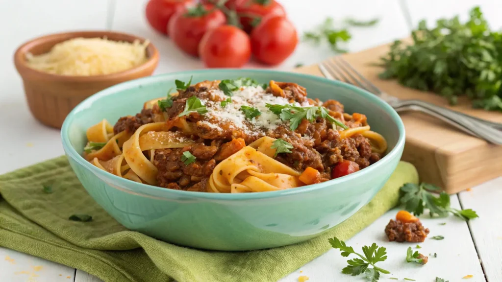 A delicious and hearty bowl of ground beef pasta no cream, garnished with fresh herbs and cheese, perfect for a comforting meal.