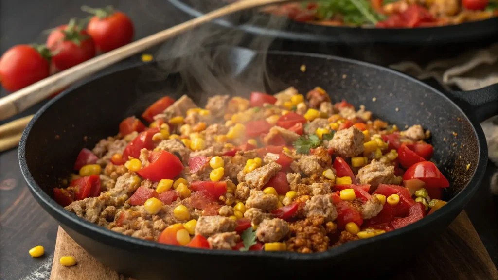 Skillet with Ground Chicken Mexican Corn Recipe and spices cooking on the stove, part of a flavorful meal.