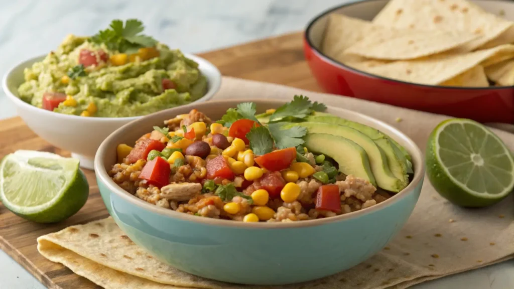 Ground chicken Mexican corn served with rice, guacamole, and tortillas, offering a tasty variation of the dish.