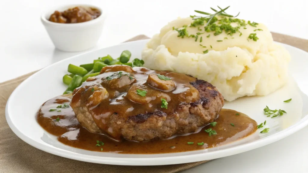 A delicious plate of Salisbury steak made with ground chicken, served with rich brown gravy and mashed potatoes. Perfect for a healthy family dinner.