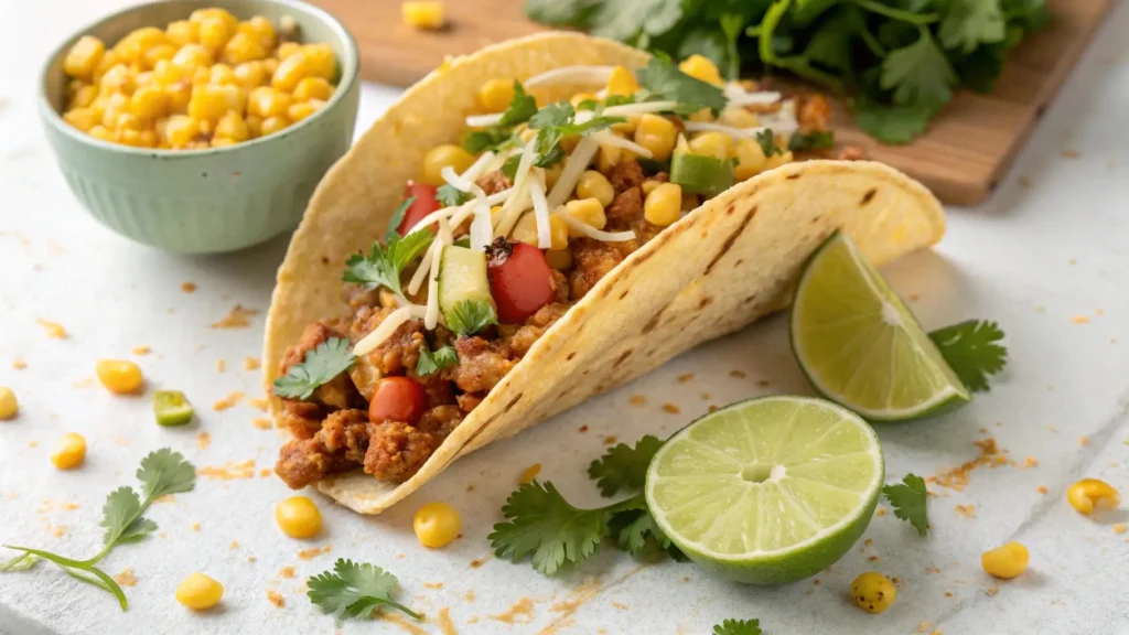 Taco filled with ground chicken, Mexican corn, and fresh toppings, perfect for a quick and flavorful meal.