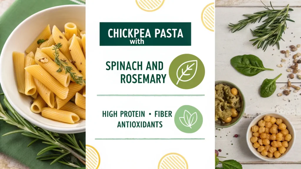 An informative graphic showing the health benefits of creamy chickpea pasta with spinach and rosemary, highlighting protein, fiber, and antioxidants.