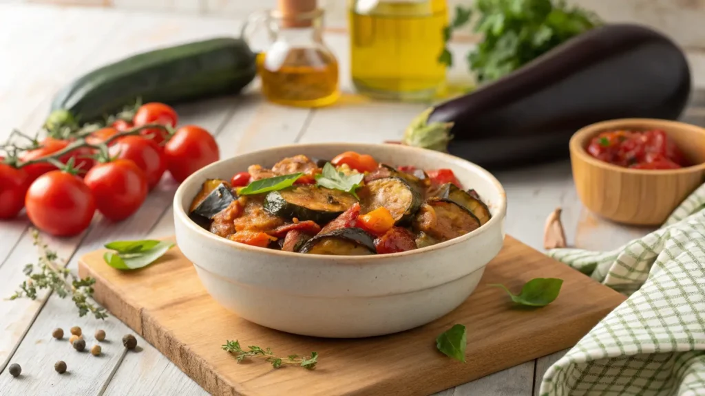 A bowl of ratatouille with eggplant and fresh vegetables, highlighting the healthy ingredients like tomatoes and herbs.