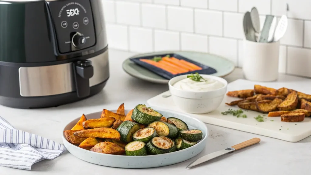 Healthy air-fried veggies served with a creamy dip made using the Ninja Crispi air fryer.