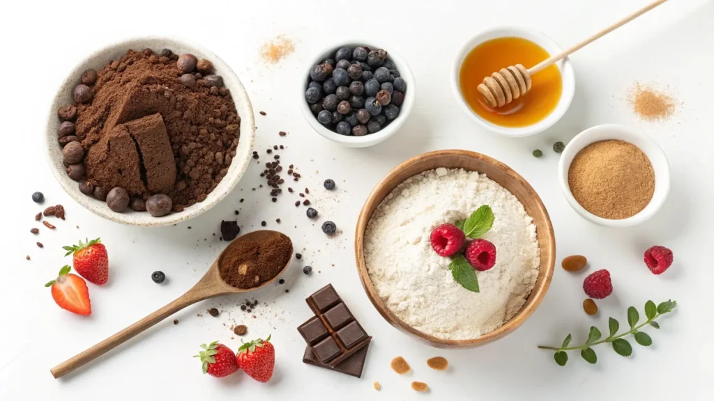 Natural ingredients like whole wheat flour, honey, and cocoa used to make a healthier chocolate mug cake.