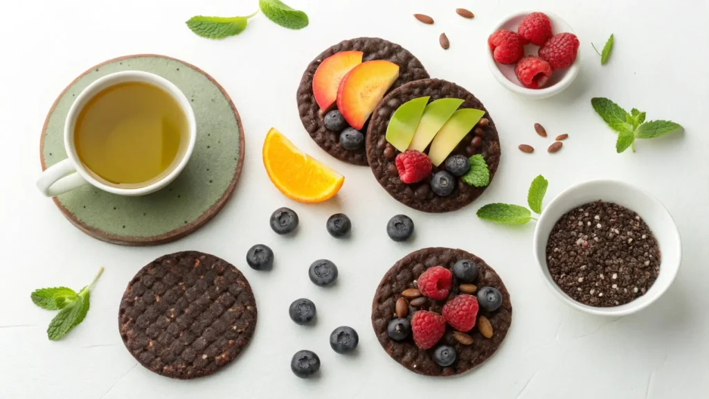 Healthy chocolate rice cakes served with fruits and green tea, offering a nutritious snack option.