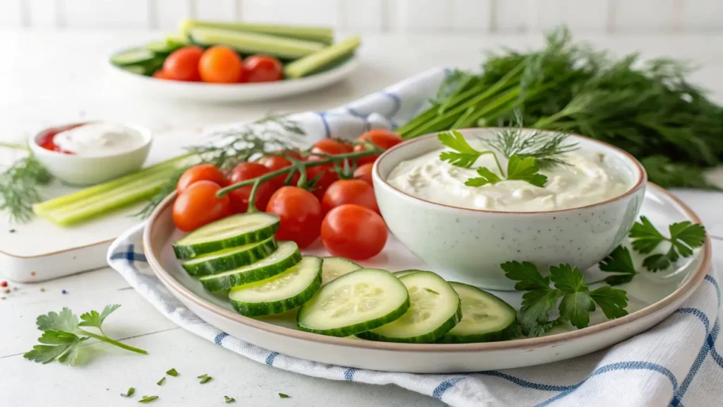 A healthy dip made from Greek yogurt, with cucumber slices, cherry tomatoes, and fresh herbs arranged on a plate, set against a clean, white kitchen backdrop.