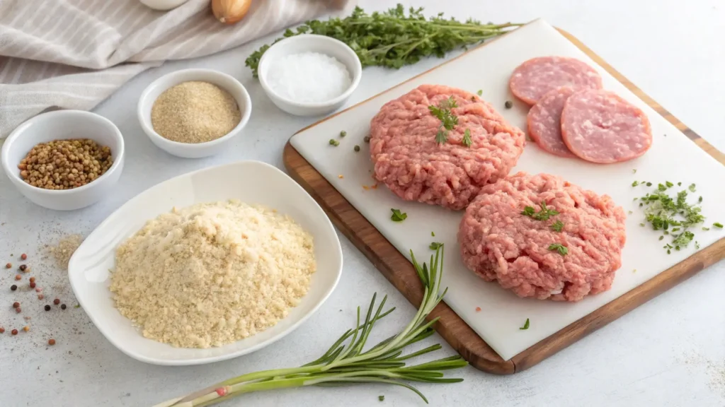 Fresh ground chicken, breadcrumbs, and seasonings prepared to make a healthier salisbury steak recipe with ground chicken. Clean, wholesome ingredients for a nutritious meal.