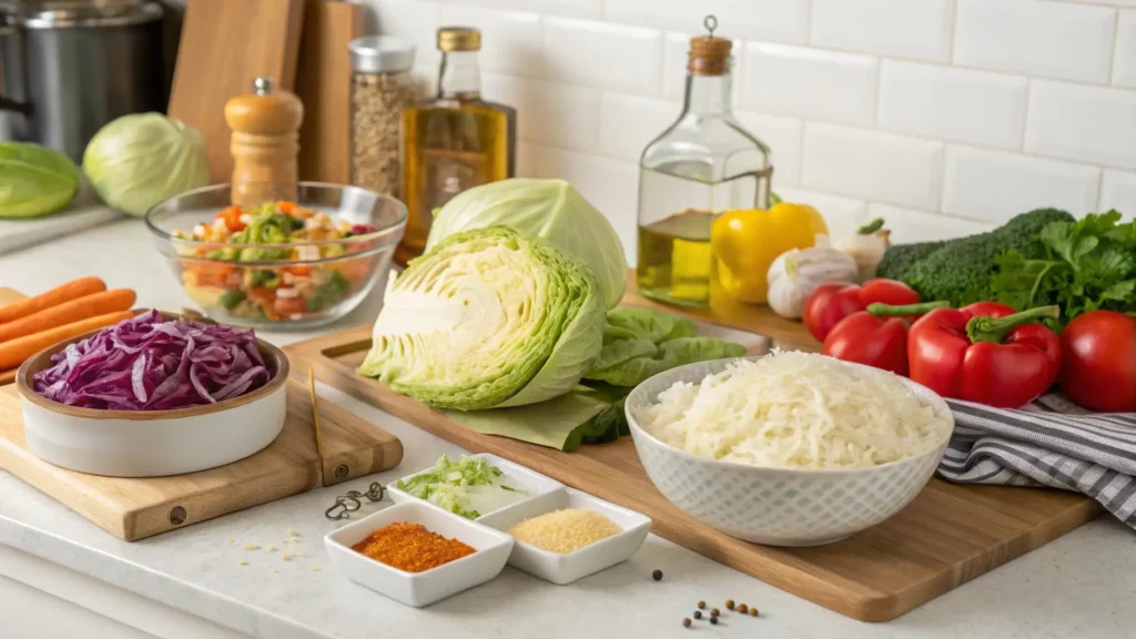 A variety of fresh ingredients like cabbage, rice, vegetables, and seasonings laid out on a kitchen counter for making cabbage and rice casserole.