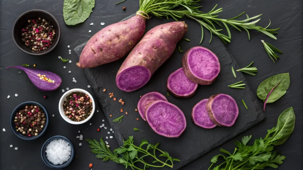 A visually appealing overhead view of whole and sliced Murasaki sweet potatoes surrounded by fresh herbs and spices, highlighting their nutritional value.