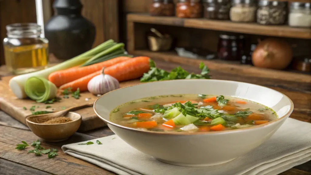 Healthy, vegetarian onion soup with fresh vegetables and herbs, packed with nutrients and flavor.