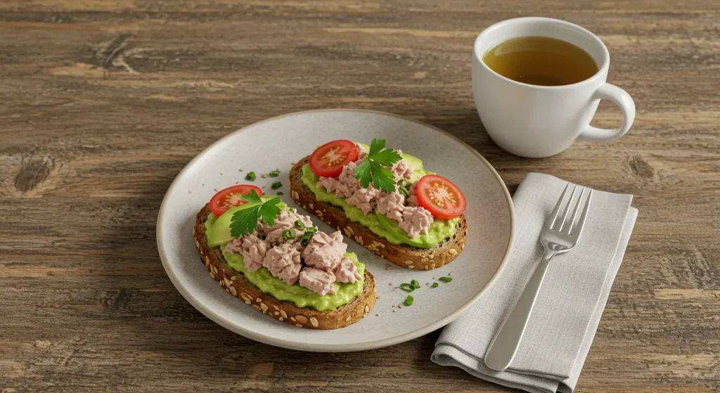 Tuna on whole grain toast topped with fresh vegetables like avocado, tomato, and herbs, served with a refreshing drink.