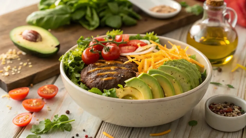 Close-up of a colorful burger bowl with fresh vegetables, juicy beef patty, avocado, and cheese, perfect for a healthy and customizable meal.