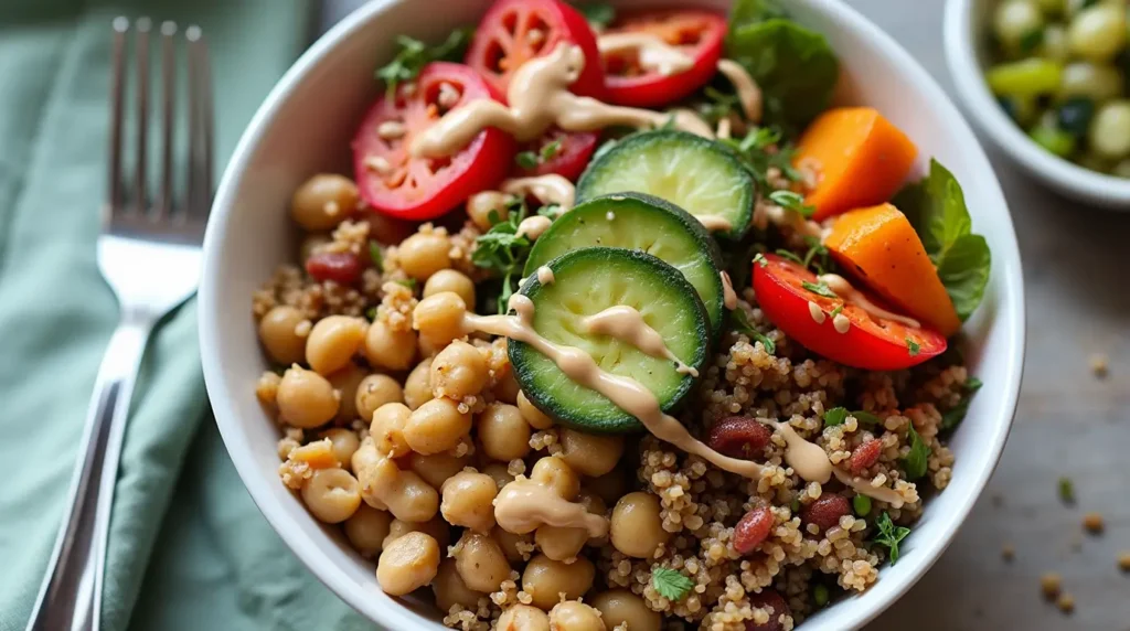 A hearty vegan Buddha bowl with quinoa, roasted vegetables, chickpeas, and tahini sauce