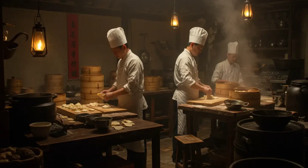 Traditional Chinese chefs preparing soup dumplings in an ancient kitchen, highlighting the Song Dynasty origins of this iconic dish