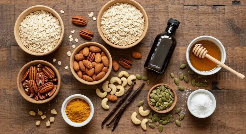 Ingredients for vanilla nut granola, including oats, nuts, seeds, vanilla extract, and honey, arranged on a rustic wooden surface