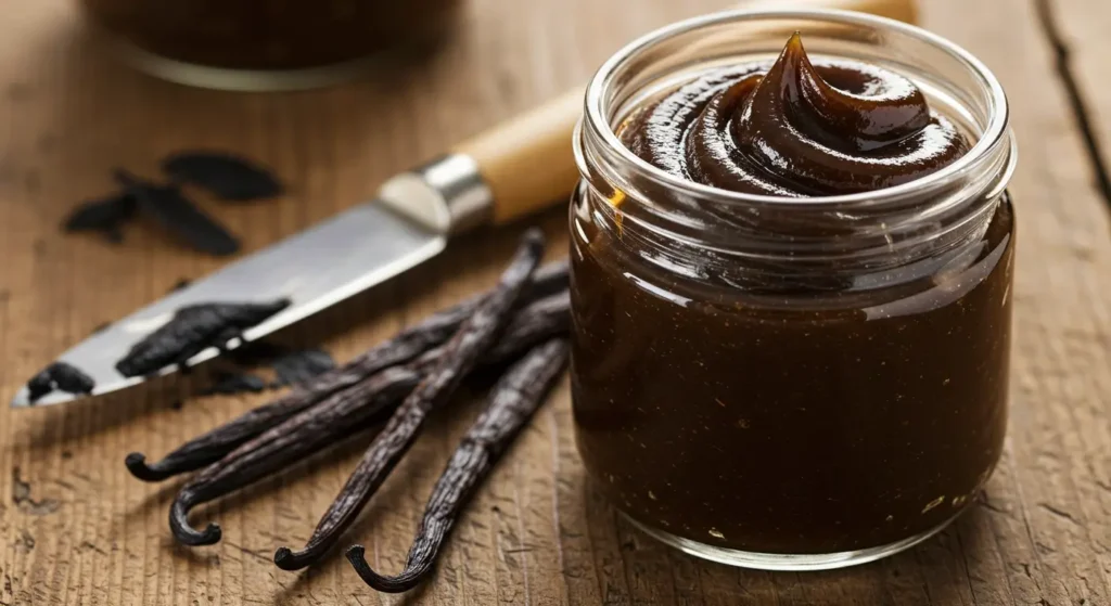 A jar of homemade vanilla paste with vanilla beans and scraped seeds on a rustic wooden surface