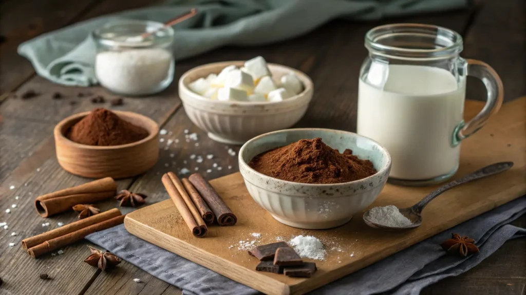 Ingredients for homemade hot cocoa mix without dry milk, featuring cocoa powder, sugar, and milk in a rustic setup.