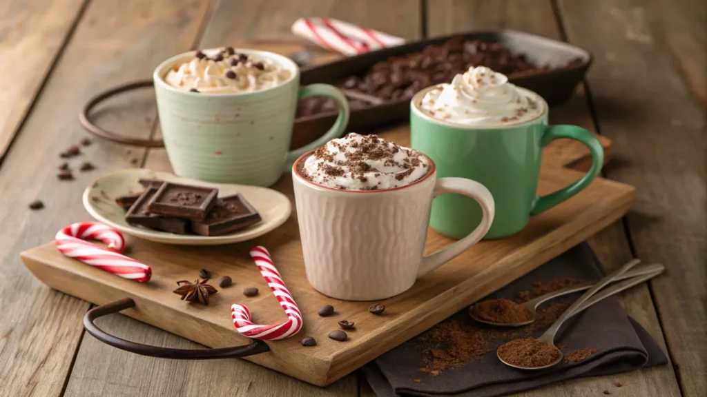 A collection of hot cocoa mugs with various toppings, including whipped cream, chocolate shavings, and peppermint. Perfect for topping ideas.