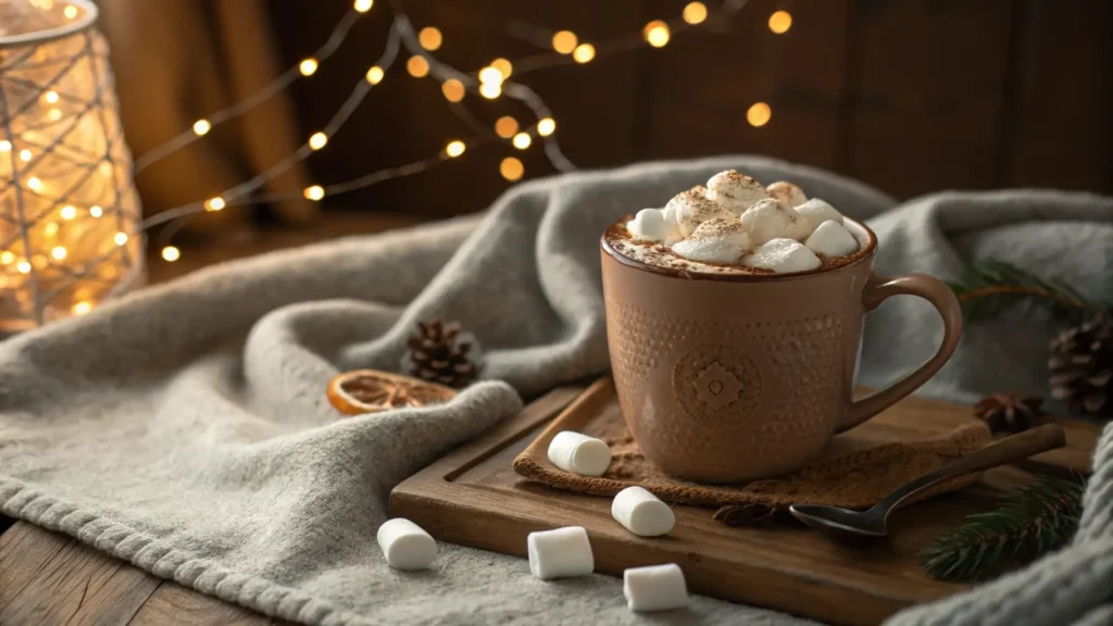 A cup of hot cocoa with whipped cream and marshmallows, perfect for a cozy winter evening. Ideal for pairing with your hot cocoa recipe. 