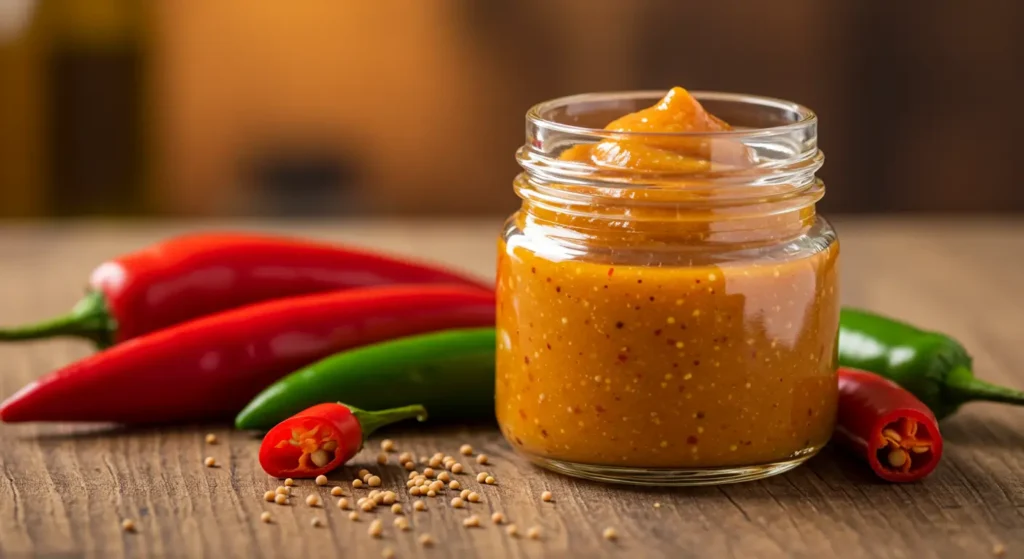 A vibrant hot pepper mustard sauce in a small jar with fresh peppers on a rustic wooden surface