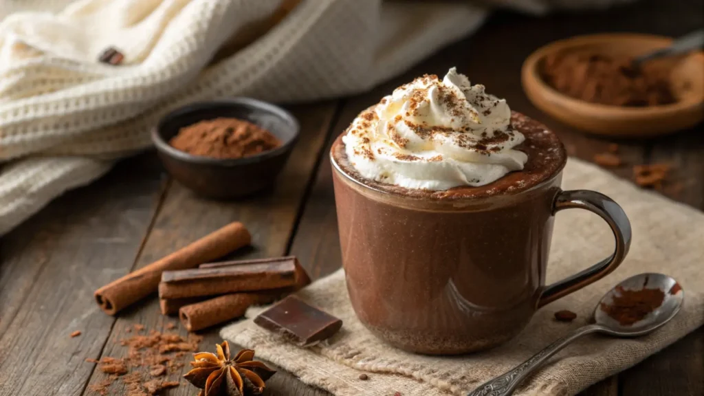 Homemade hot cocoa without dry milk, topped with whipped cream and cinnamon, perfect for a cozy winter day.