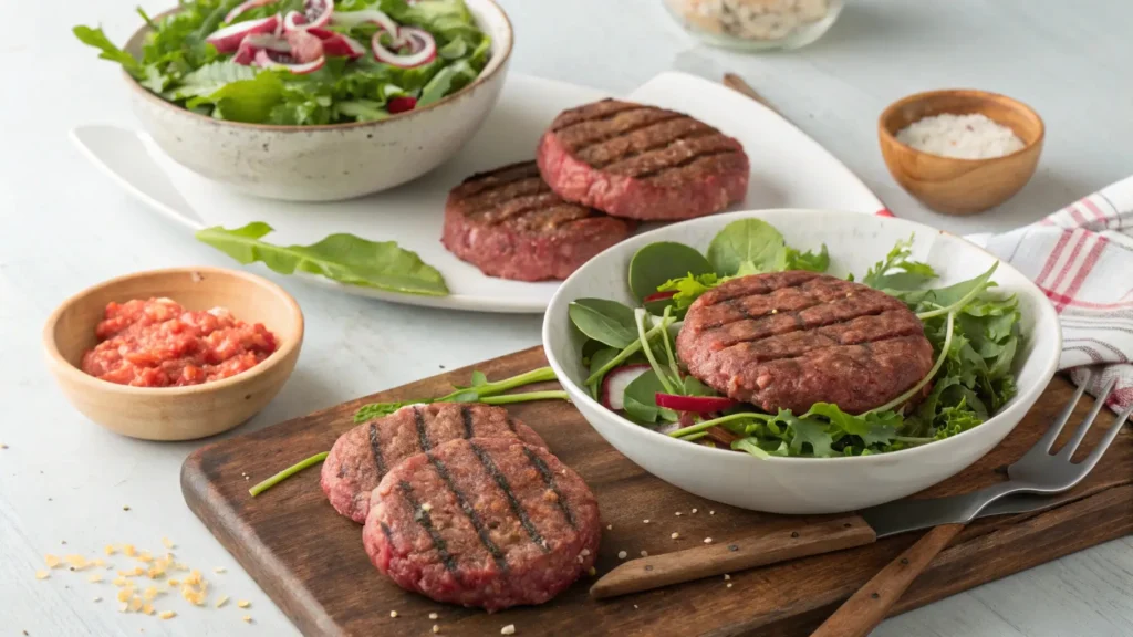 Step-by-step preparation of a burger bowl recipe, from grilling patties to assembling fresh vegetables and toppings in a bowl.