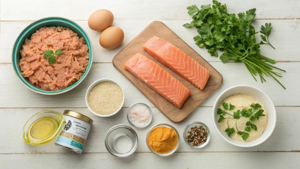 Fresh ingredients for tuna and salmon loaf recipe, including tuna, salmon, eggs, breadcrumbs, parsley, and spices arranged on a kitchen counter.