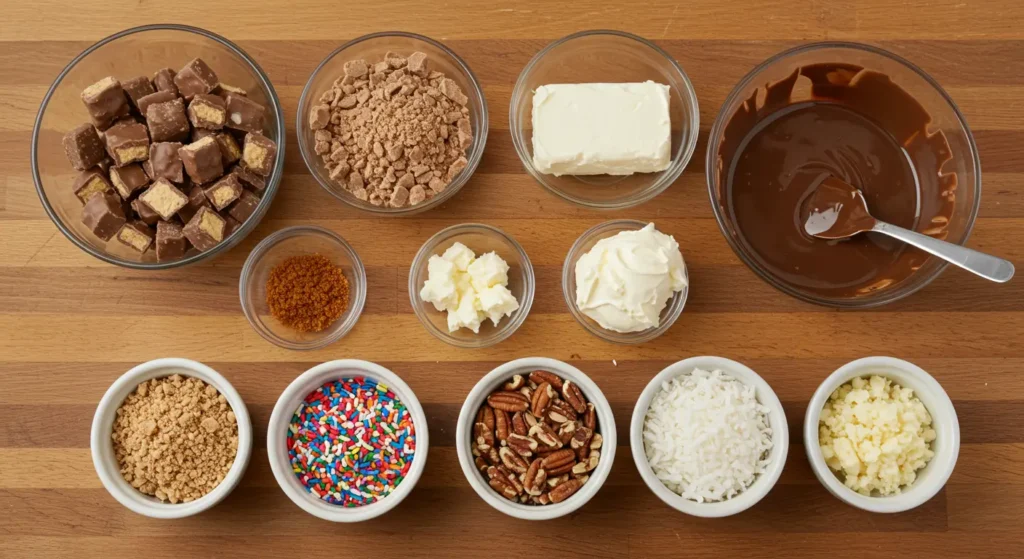 A flat lay of ingredients for Butterfinger balls, including crushed Butterfinger candy bars, cream cheese, melted chocolate, and various toppings on a wooden kitchen counter