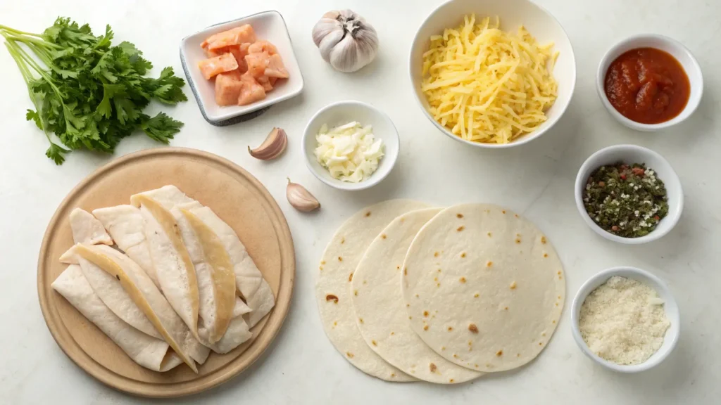 An assortment of fresh ingredients for cheesy garlic chicken wraps, including chicken, cheese, garlic, tortillas, and seasonings.