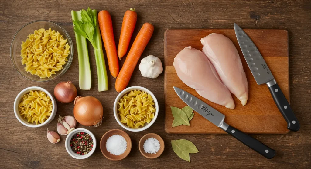 Fresh ingredients for homemade chicken noodle soup, including chicken, vegetables, noodles, and seasonings, ready for cooking