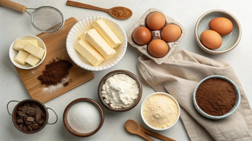 A collection of ingredients for making a chocolate cream cheese pound cake including butter, eggs, cocoa powder, and cream cheese.