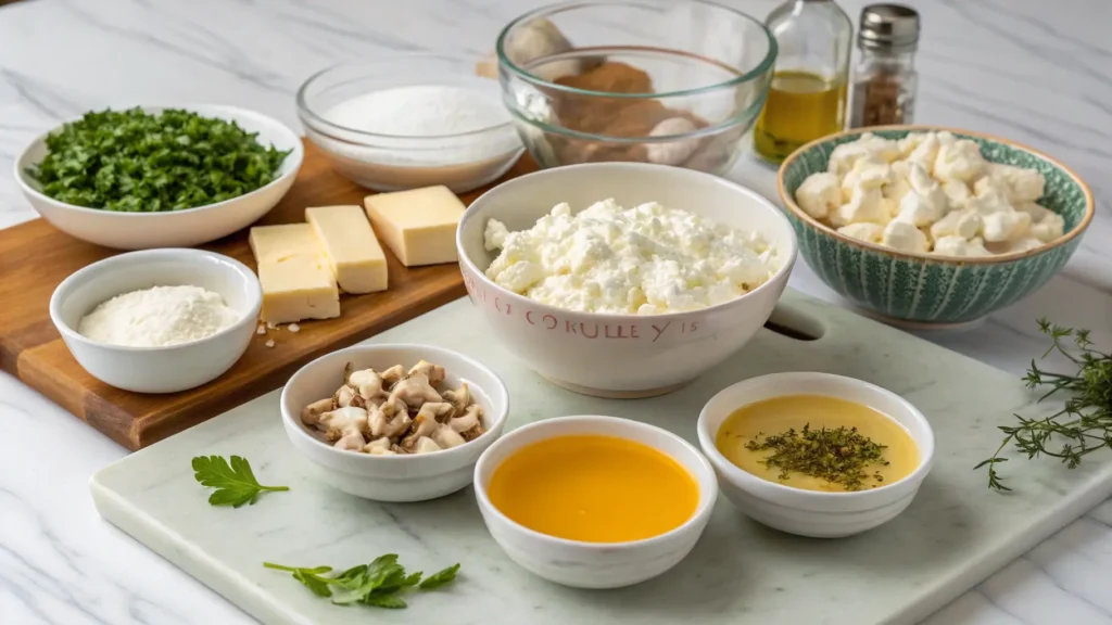 A collection of fresh ingredients for cottage cheese sauce, including cottage cheese, garlic, and chicken broth, ideal for creating a creamy chicken sauce.