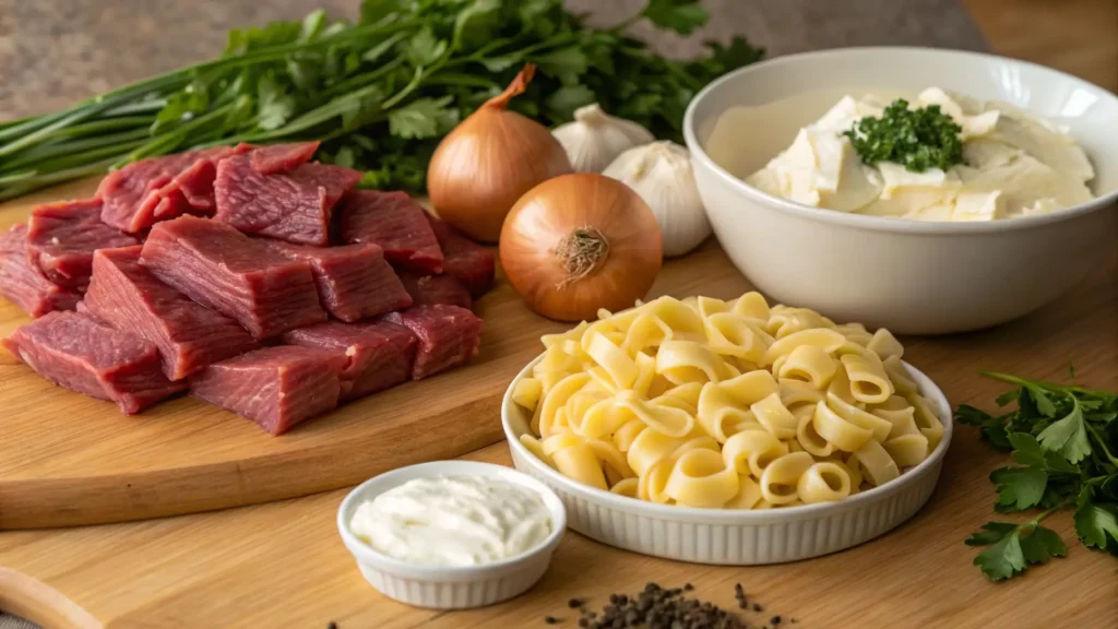 Fresh ingredients like beef, cream cheese, and pasta arranged for a creamy beef pasta with cream cheese recipe.