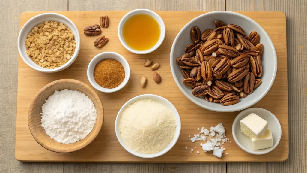 Ingredients for making pecan pie balls, including chopped pecans, graham cracker crumbs, butter, and syrup, ready for preparation.